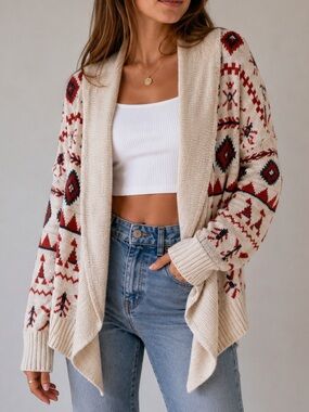 Roxy Boho Open Front Knit Cardigan Sweater Cream Red Women’s XS